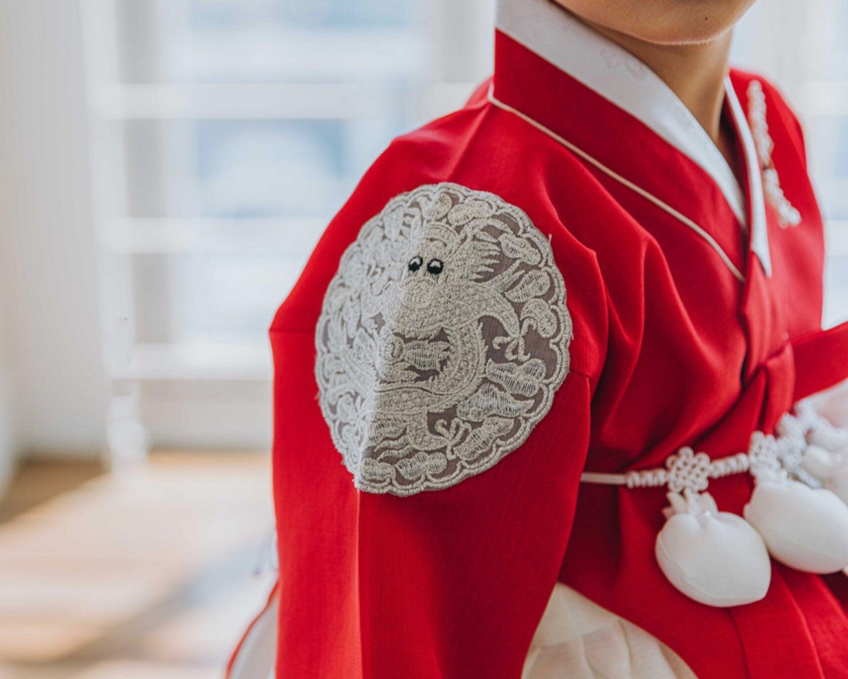Hyunbi Gray Embroidery Red Ivory Girl Hanbok (100D-15YR) - Native Korean