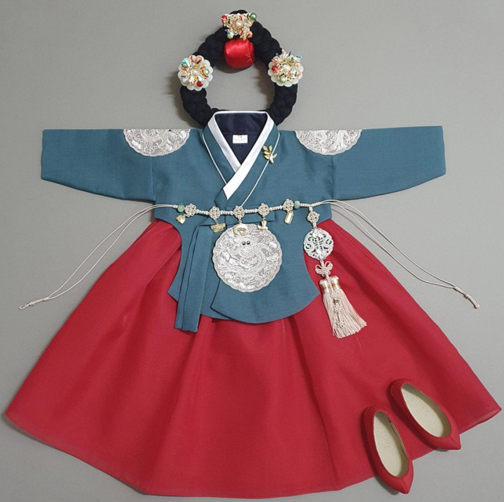 Hyunbi Gray Embroidery Teal Girl Hanbok (100D-10YR) - Native Korean