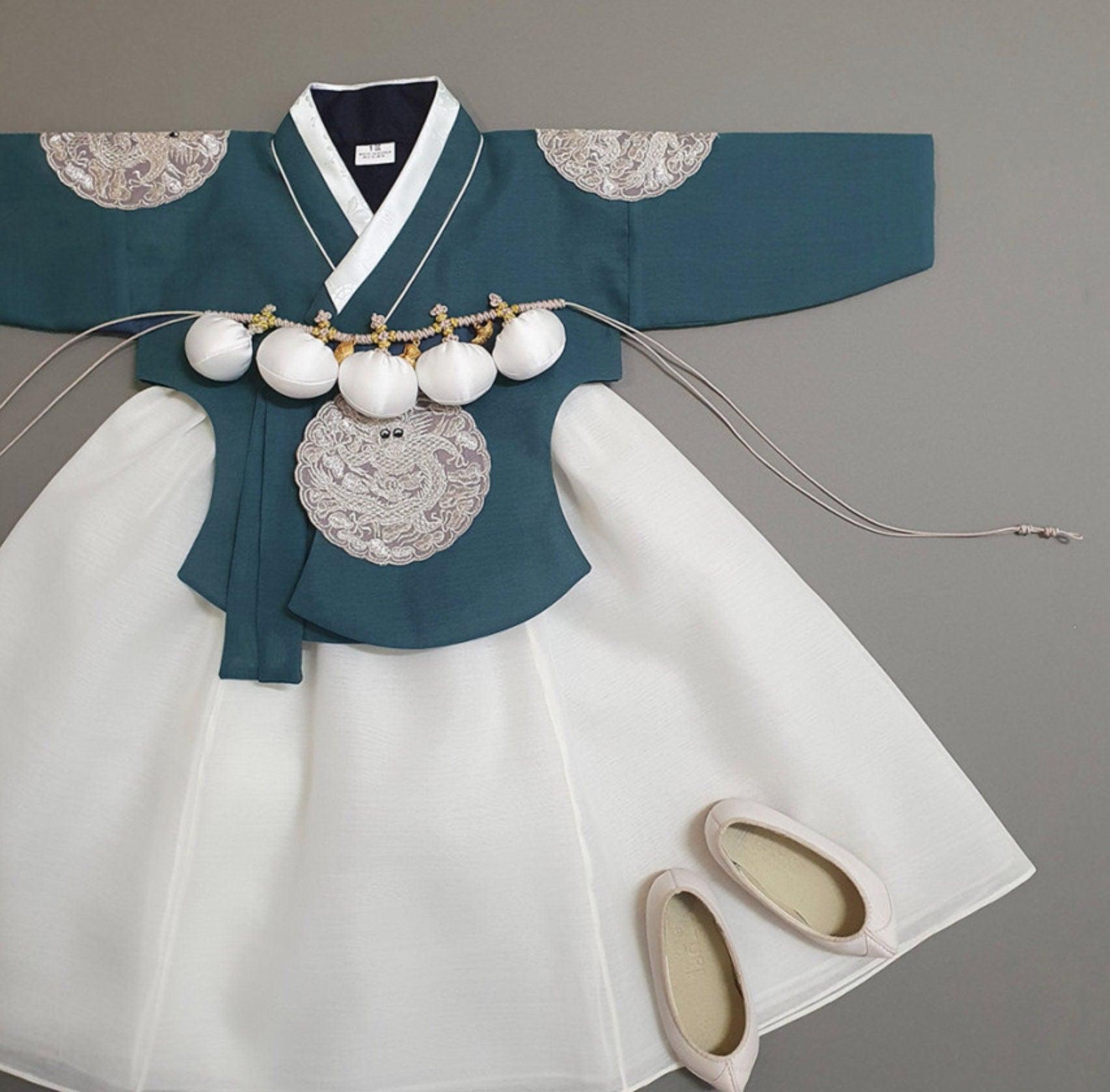 Hyunbi Gray Embroidery Teal Girl Hanbok (100D-10YR) - Native Korean