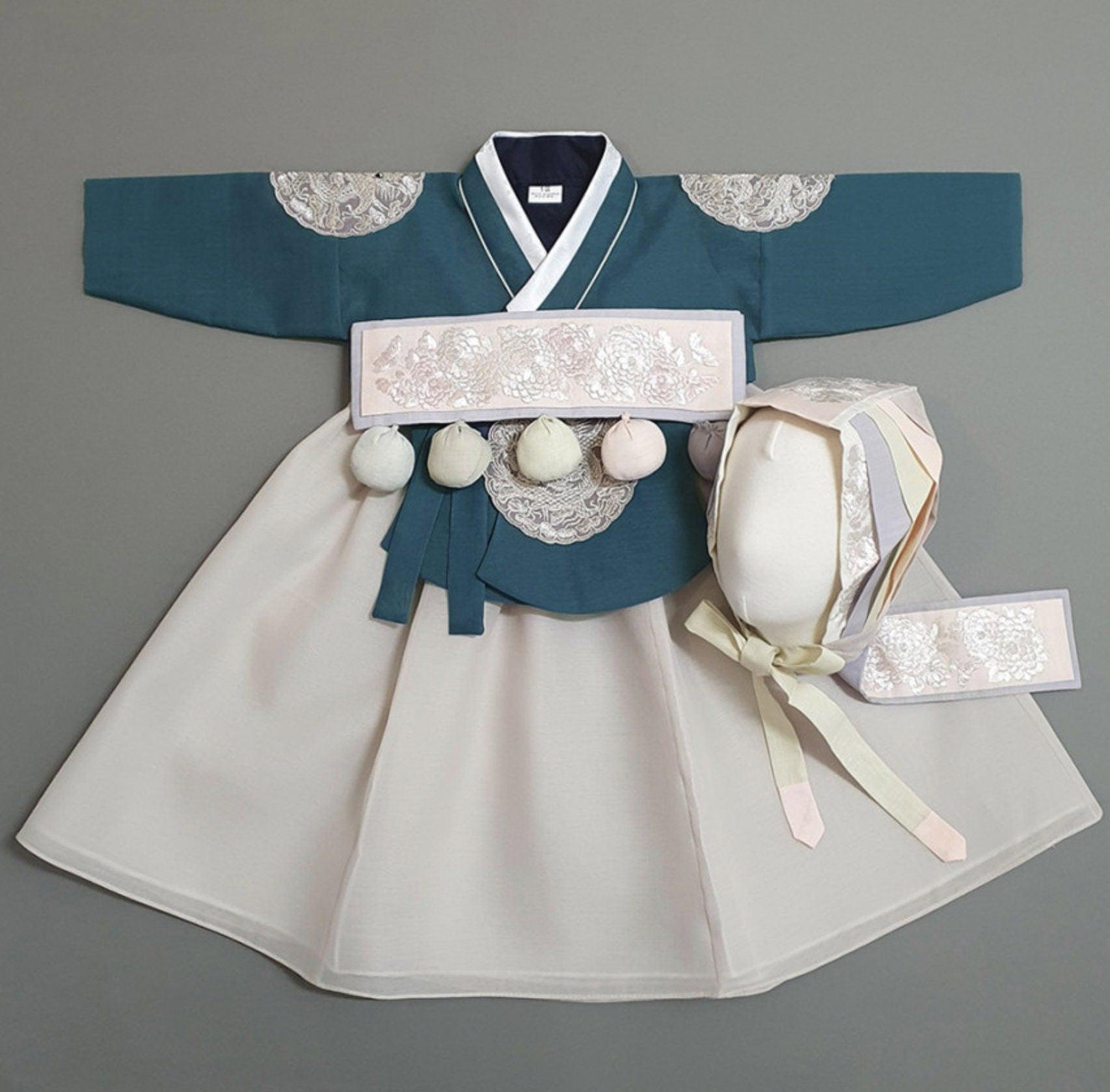 Hyunbi Gray Embroidery Teal Girl Hanbok (100D-10YR) - Native Korean