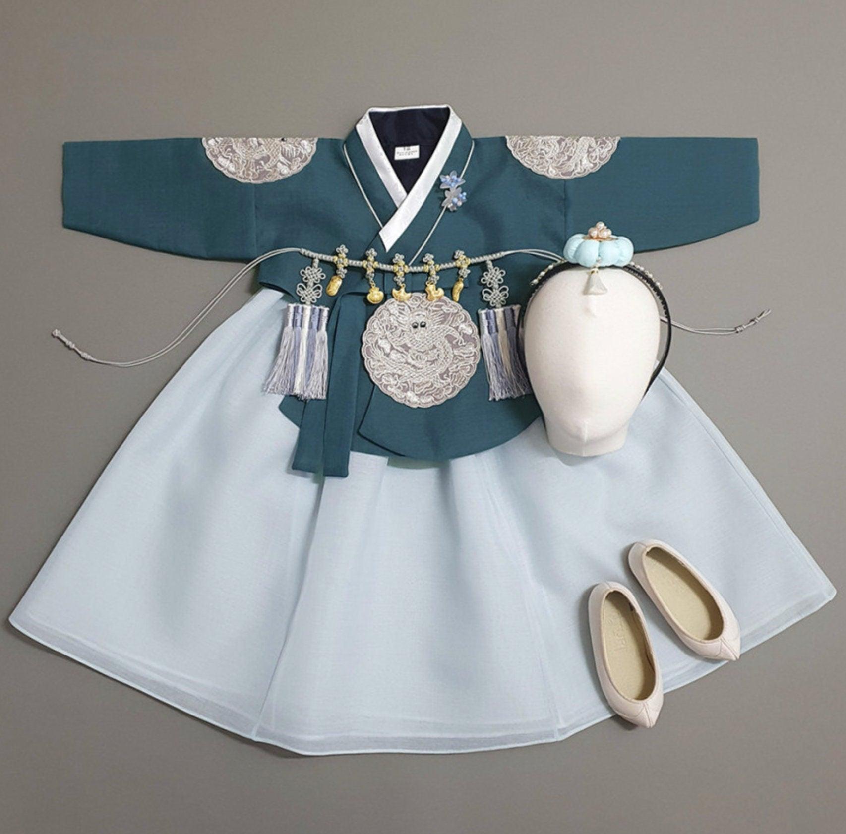 Hyunbi Gray Embroidery Teal Girl Hanbok (100D-10YR) - Native Korean