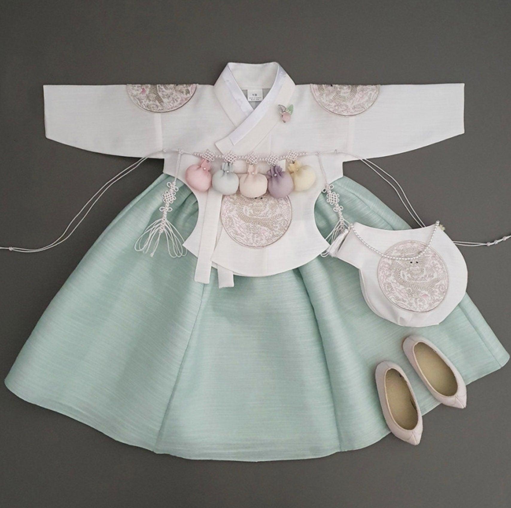 Hyunbi Silver Embroidery Mint Girl Hanbok (100D-1YR) - Native Korean