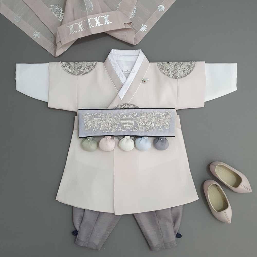 Hyungoon Gray Embroidery Beige Boy Hanbok (100D-10YR) - Native Korean