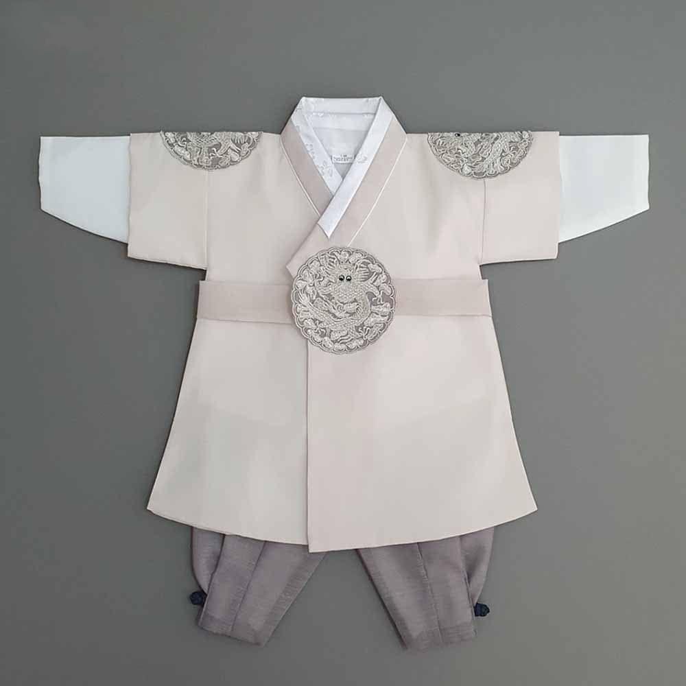 Hyungoon Gray Embroidery Beige Boy Hanbok (100D-10YR) - Native Korean