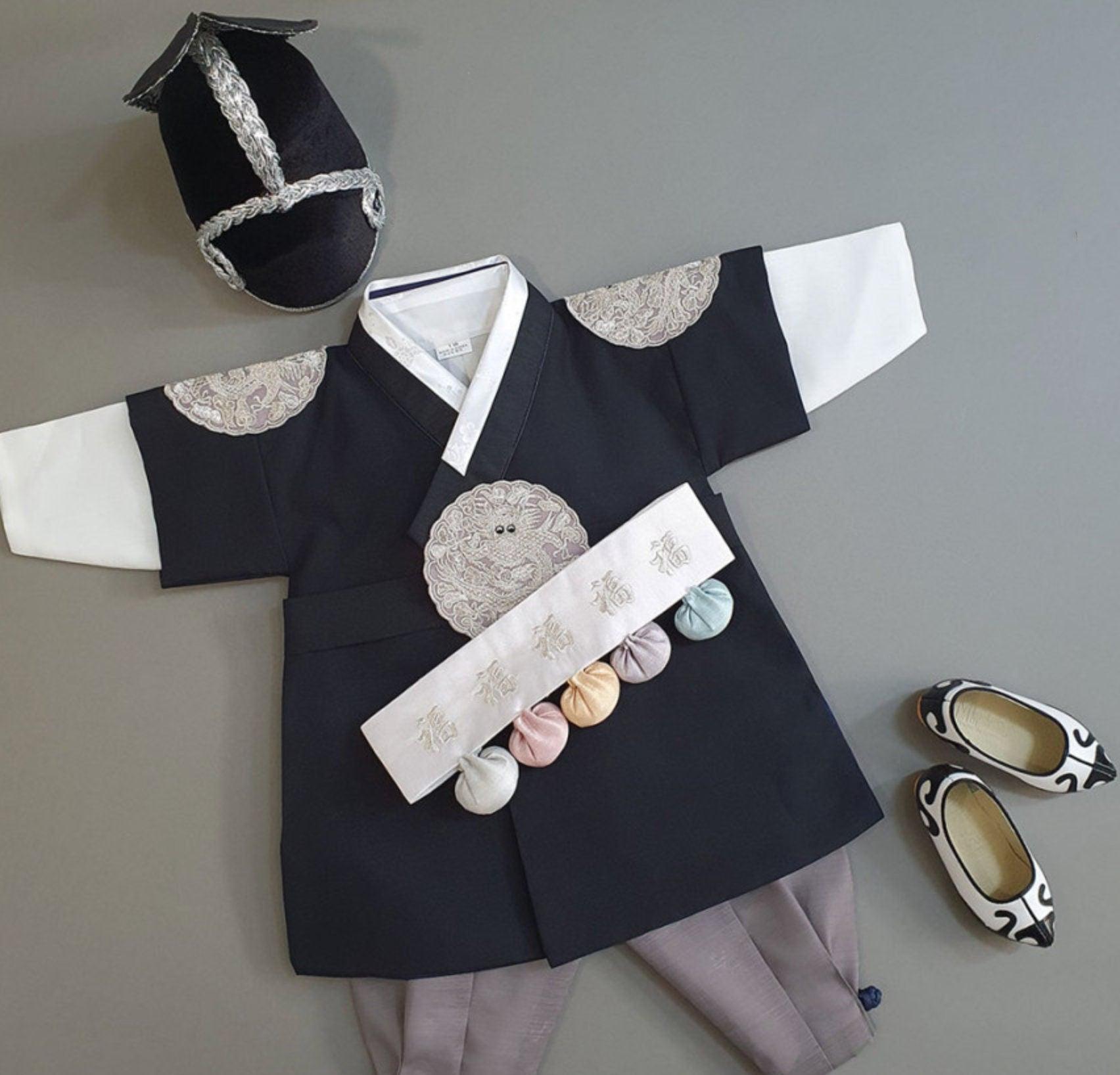 Hyungoon Gray Embroidery Black Boy Hanbok (100D-10YR) - Native Korean