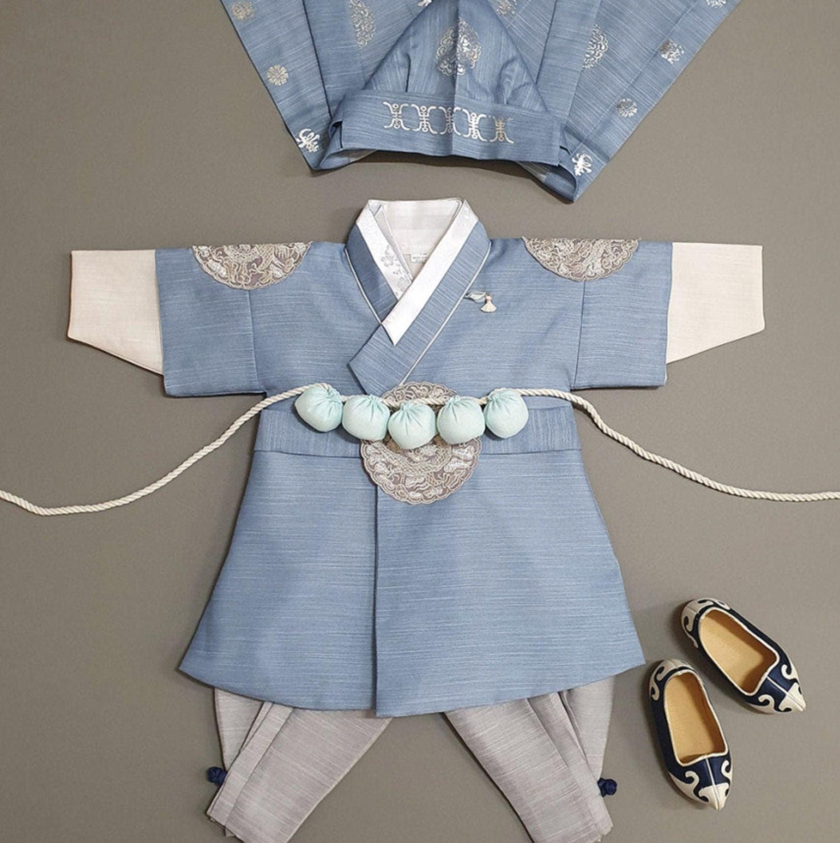 Hyungoon Gray Embroidery Light Blue Boy Hanbok (100D-10YR) - Native Korean