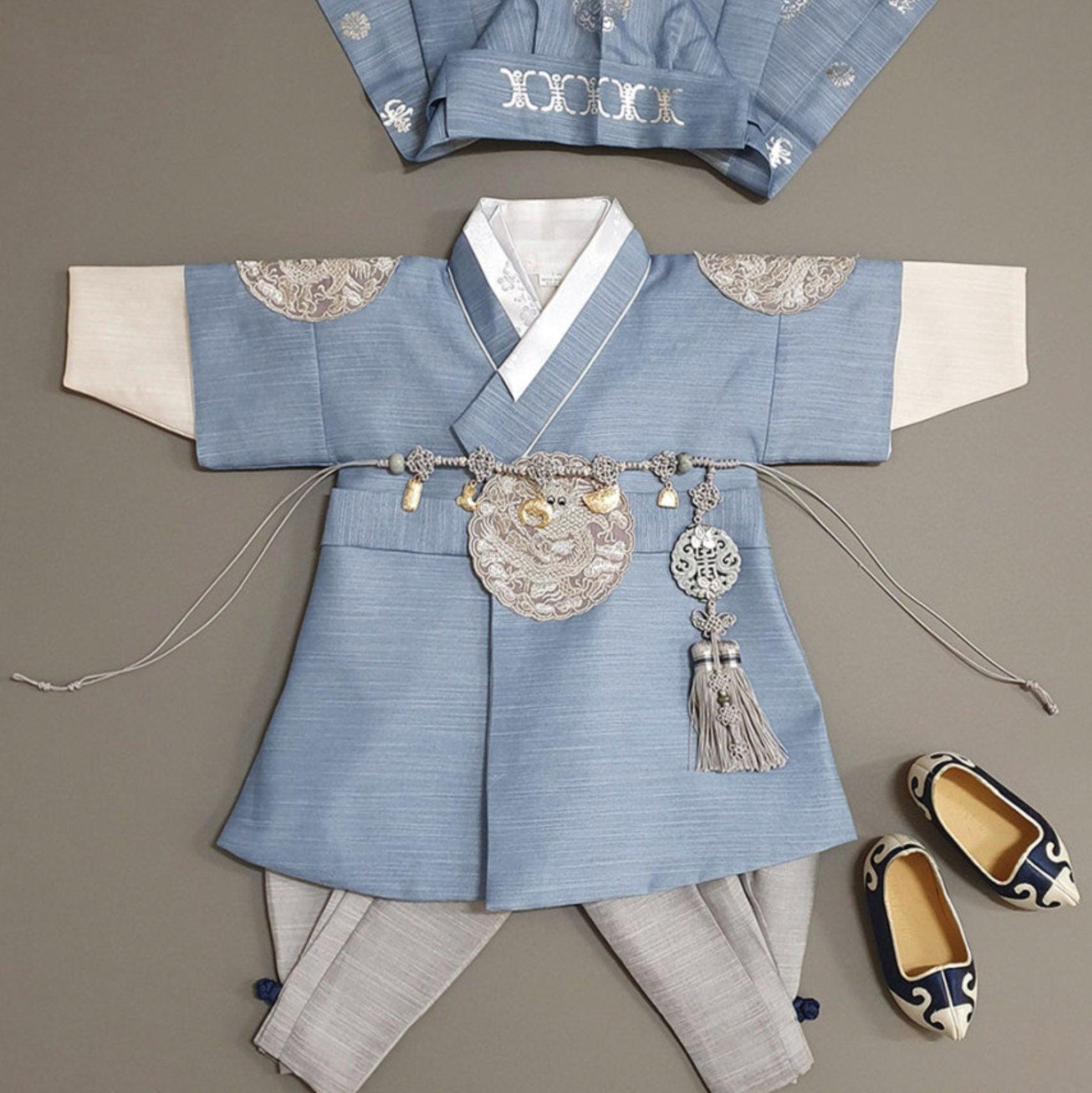 Hyungoon Gray Embroidery Light Blue Boy Hanbok (100D-10YR) - Native Korean