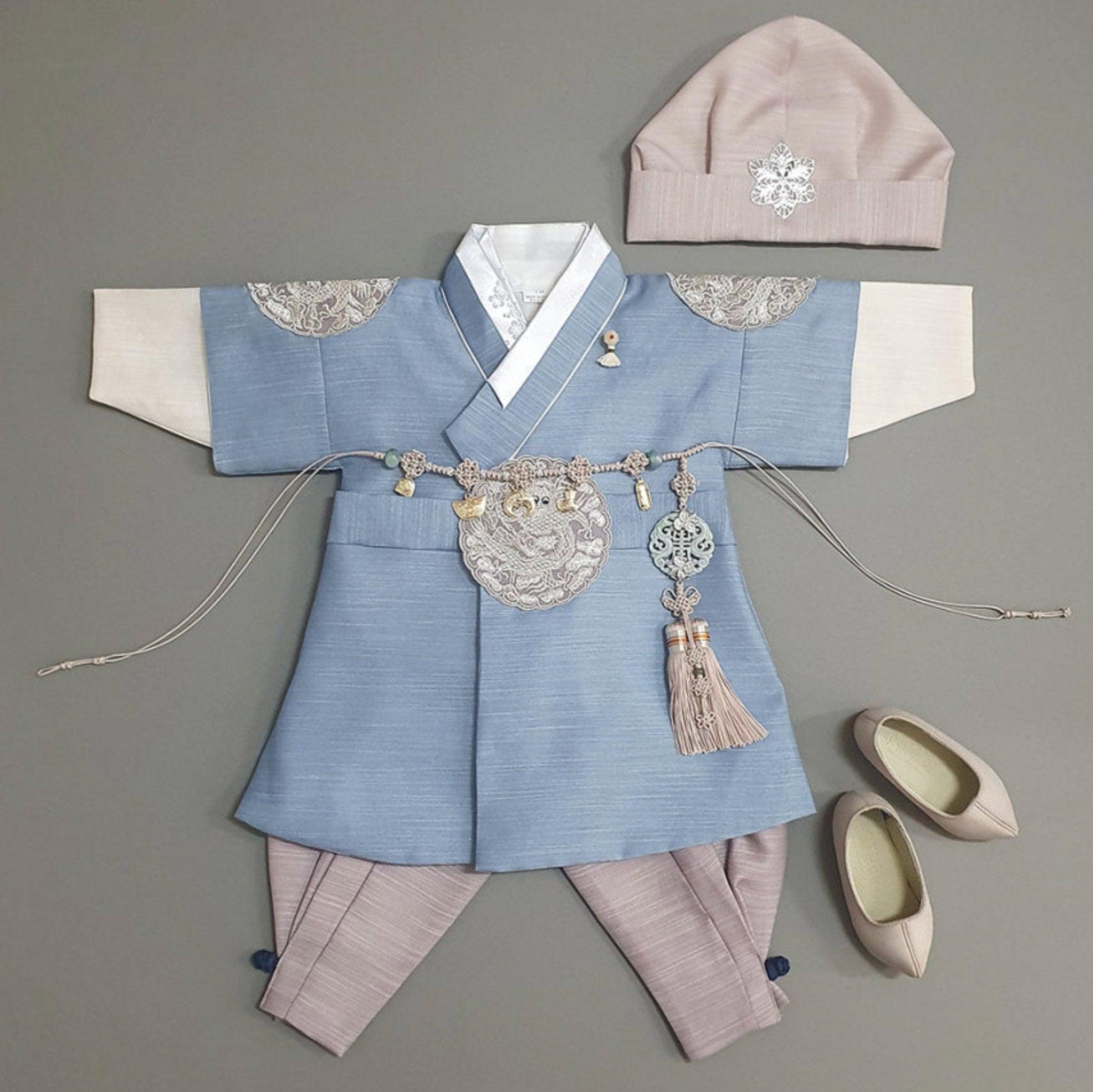 Hyungoon Gray Embroidery Light Blue Boy Hanbok (100D-10YR) - Native Korean