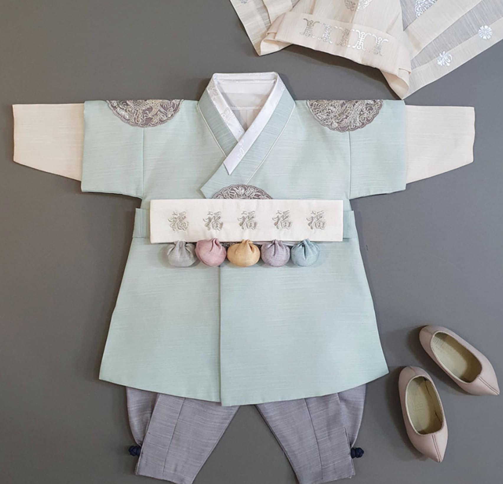 Hyungoon Gray Embroidery Mint Boy Hanbok (100D-10YR) - Native Korean