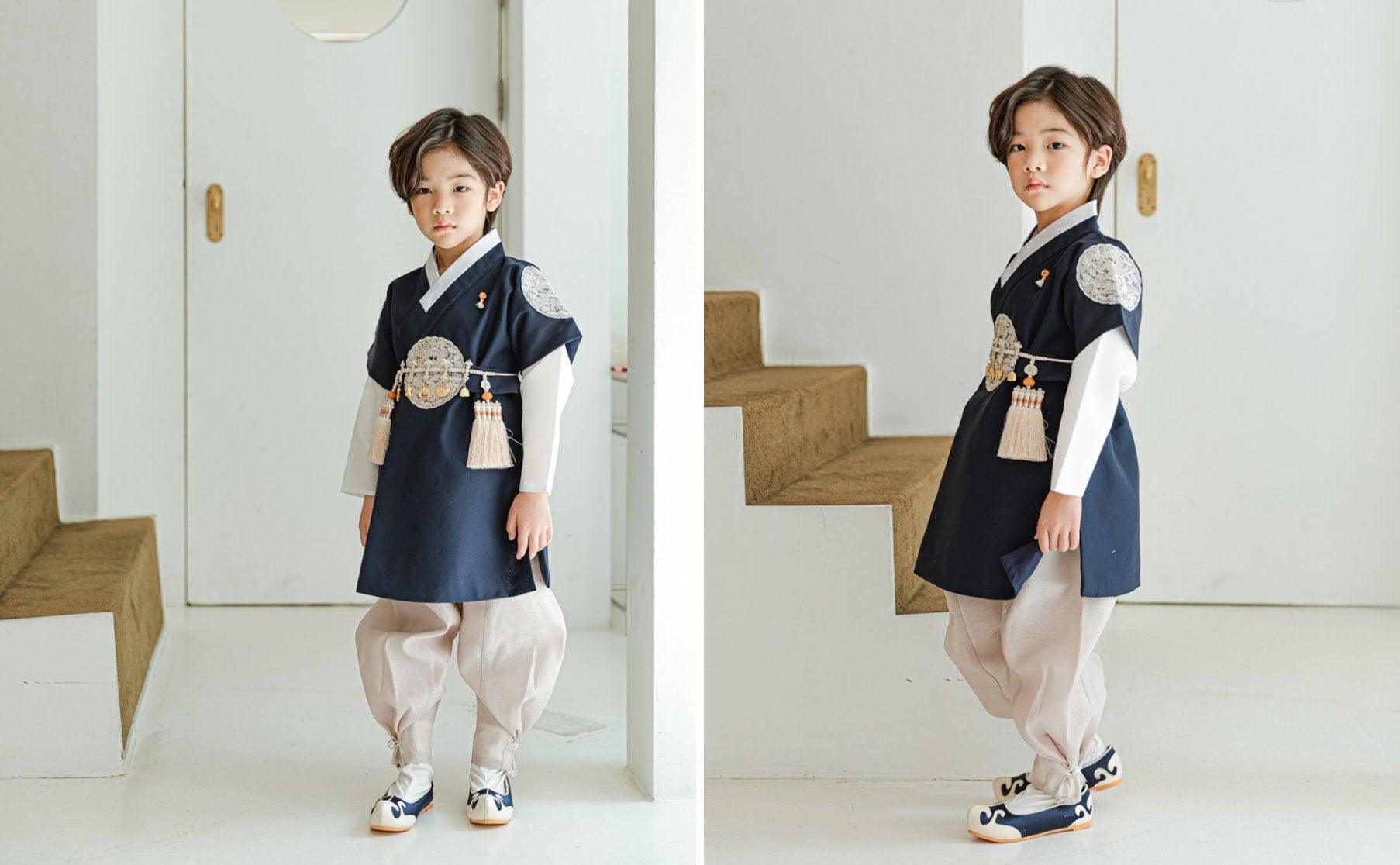 Hyungoon Gray Embroidery Navy Beige Boy Hanbok (100D-10YR) - Native Korean