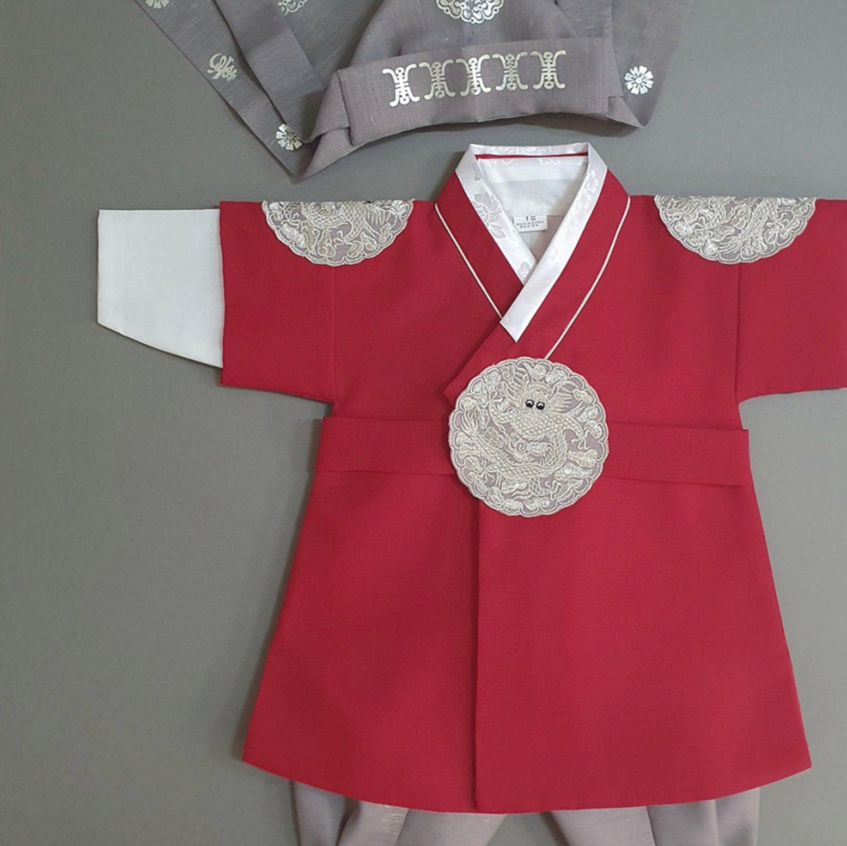 Hyungoon Gray Embroidery Red Boy Hanbok (100D-10YR) - Native Korean