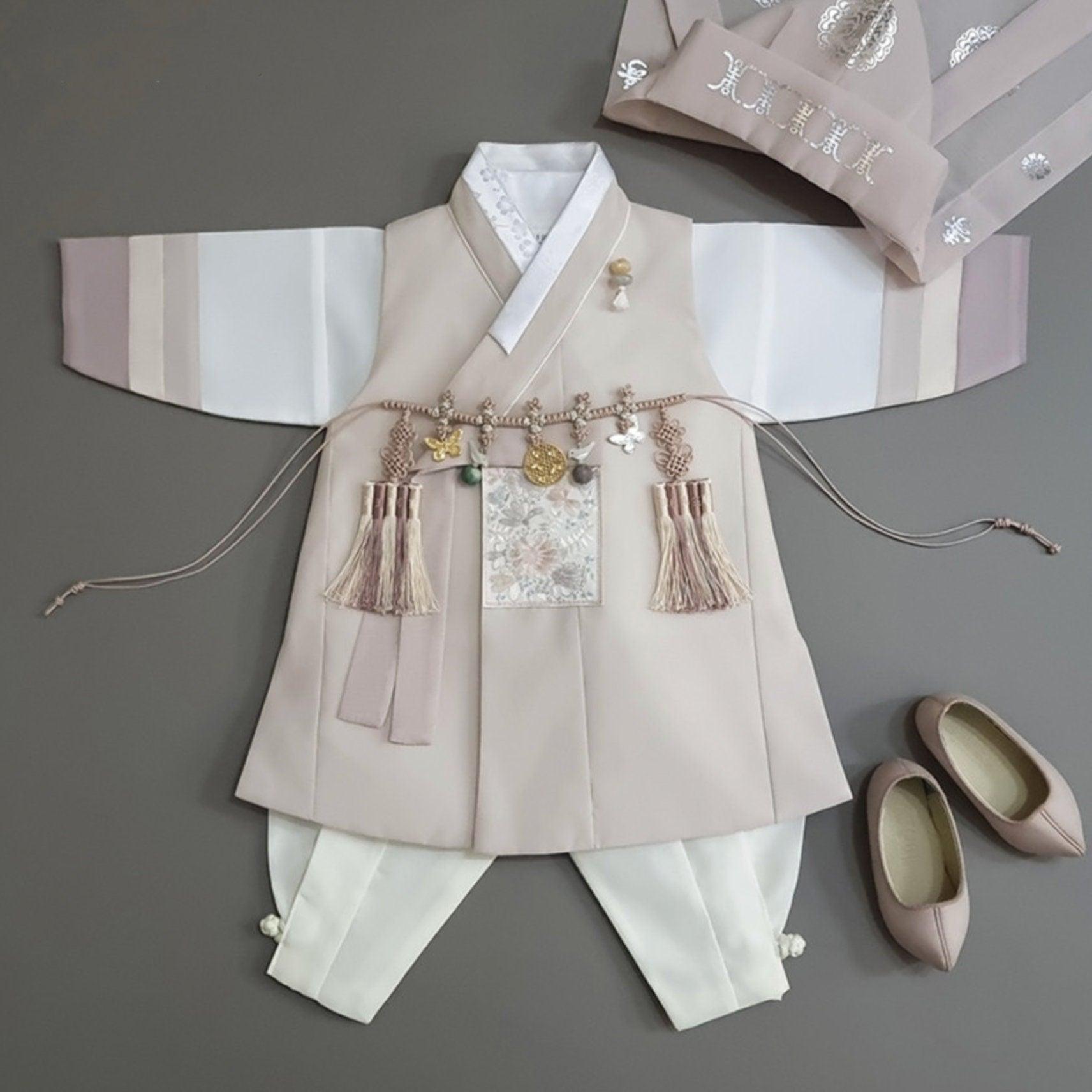Hyunsoo Beige Stripe Boy Hanbok (100D-10YR) - Native Korean