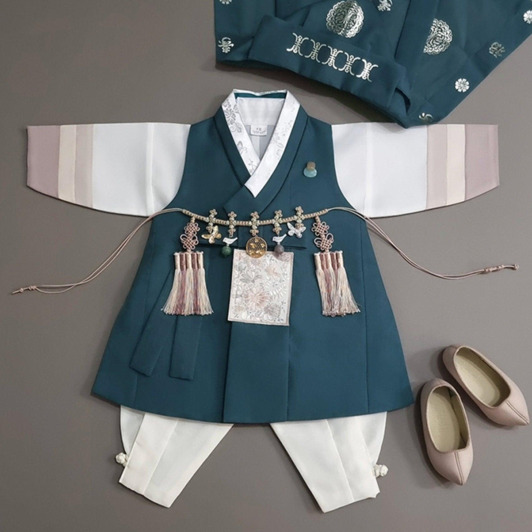 Hyunsoo Teal Stripe Boy Hanbok (100D-10YR) - Native Korean