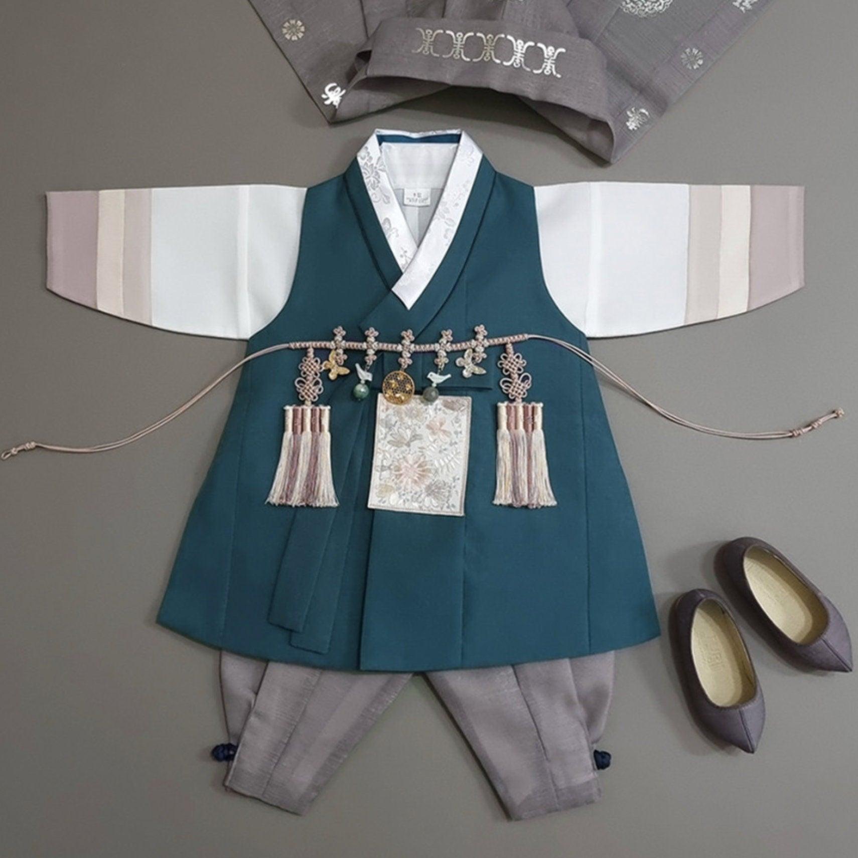 Hyunsoo Teal Stripe Boy Hanbok (100D-10YR) - Native Korean