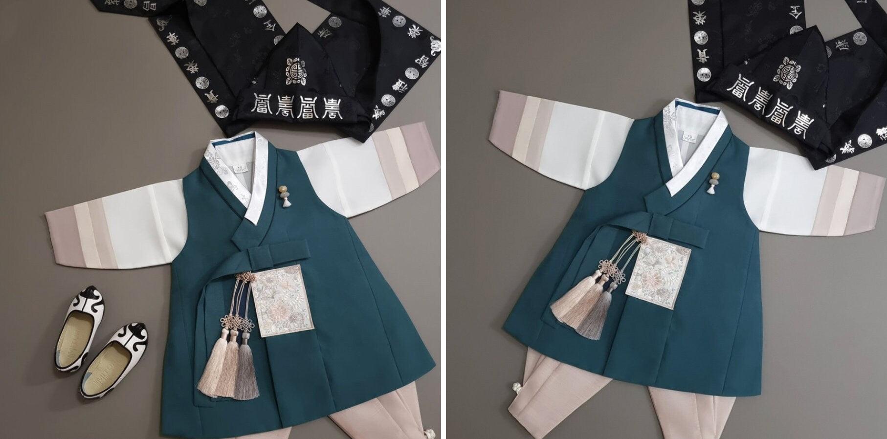 Hyunsoo Teal Stripe Boy Hanbok (100D-10YR) - Native Korean