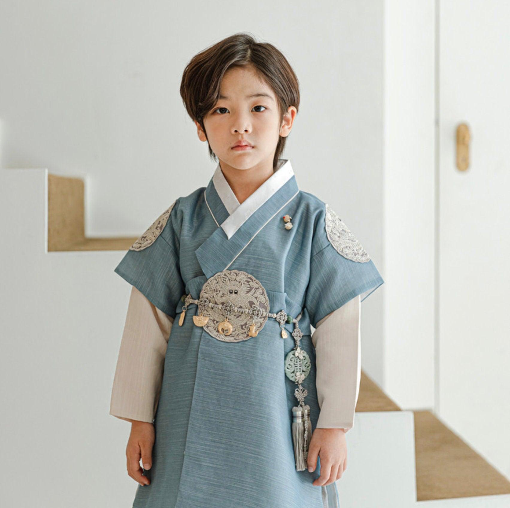 Hyungoon Gray Embroidery Light Blue Boy Hanbok (100D-10YR) - Native Korean