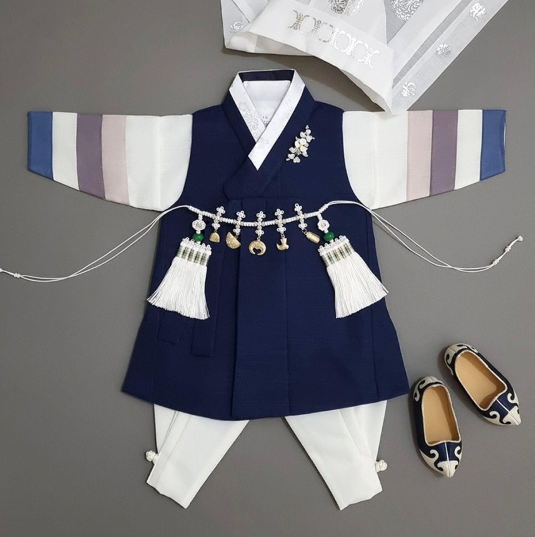Indong Navy Ivory Stripe Boy Hanbok (100D-10YR) - Native Korean