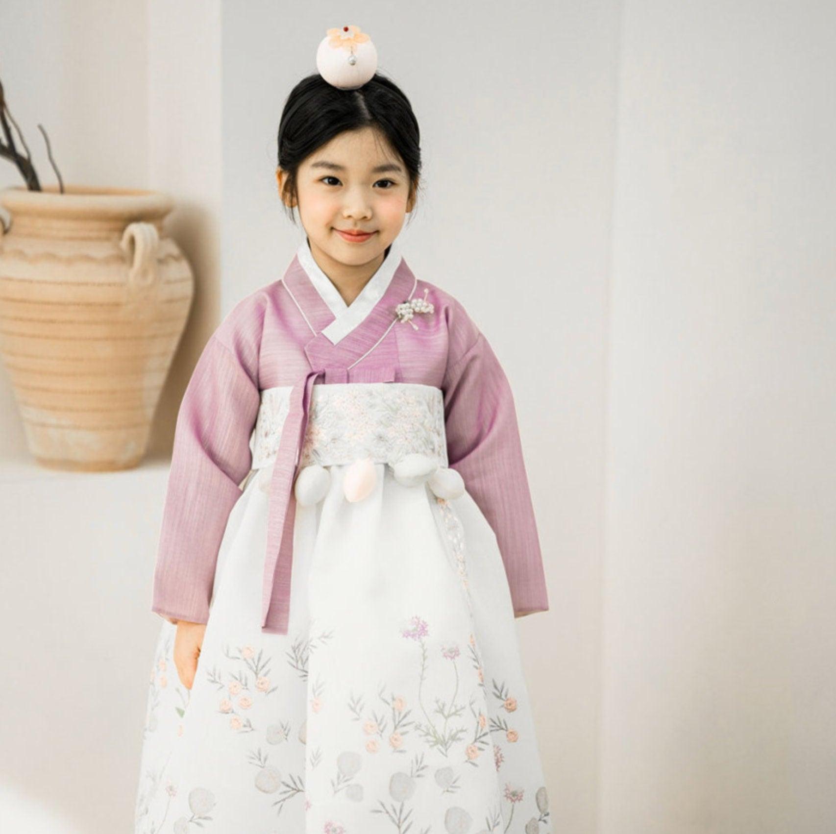 Rahee Purple Jeogori-White Skirt Girl Hanbok (100D-8YR) - Native Korean