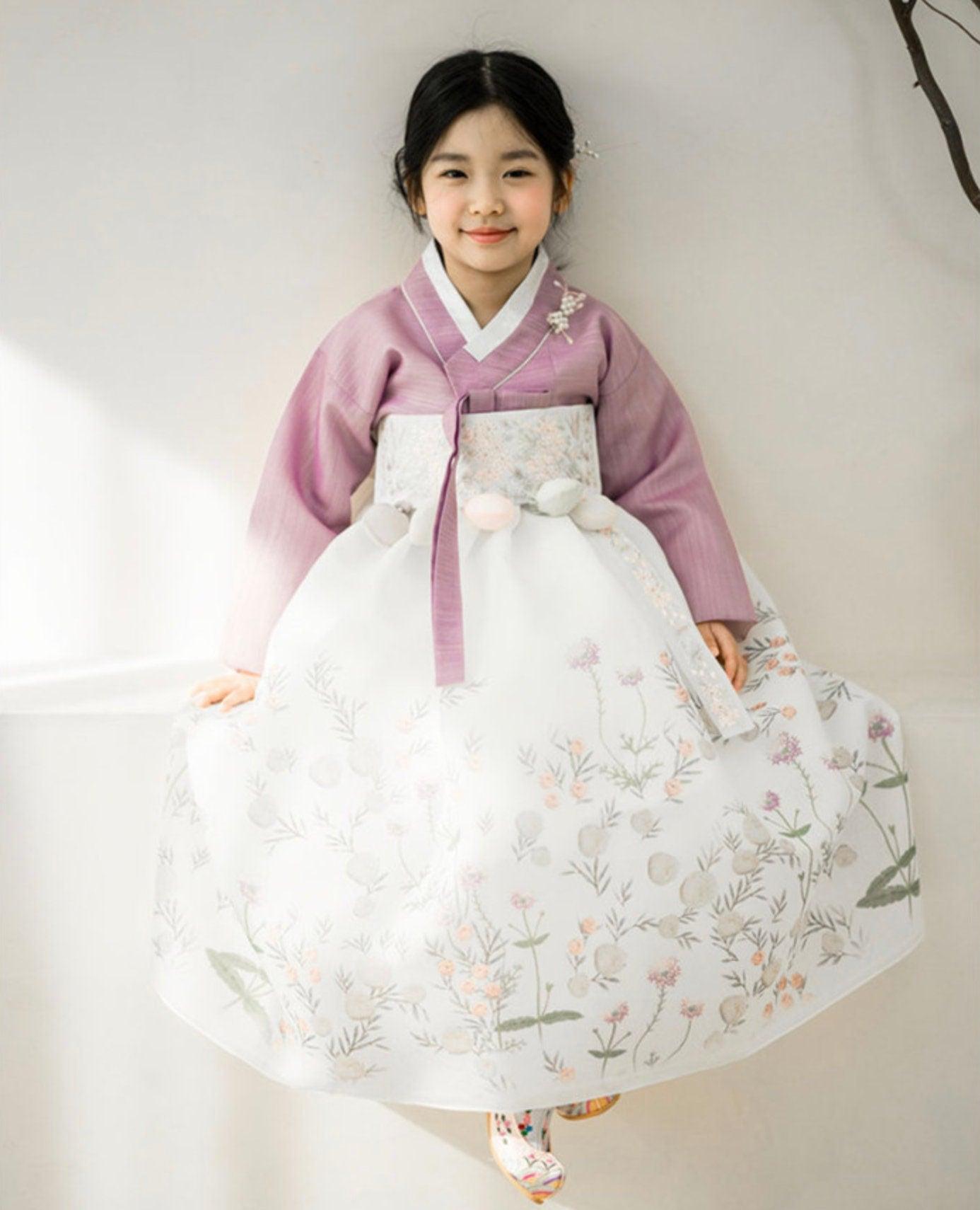 Rahee Purple Jeogori-White Skirt Girl Hanbok (100D-8YR) - Native Korean