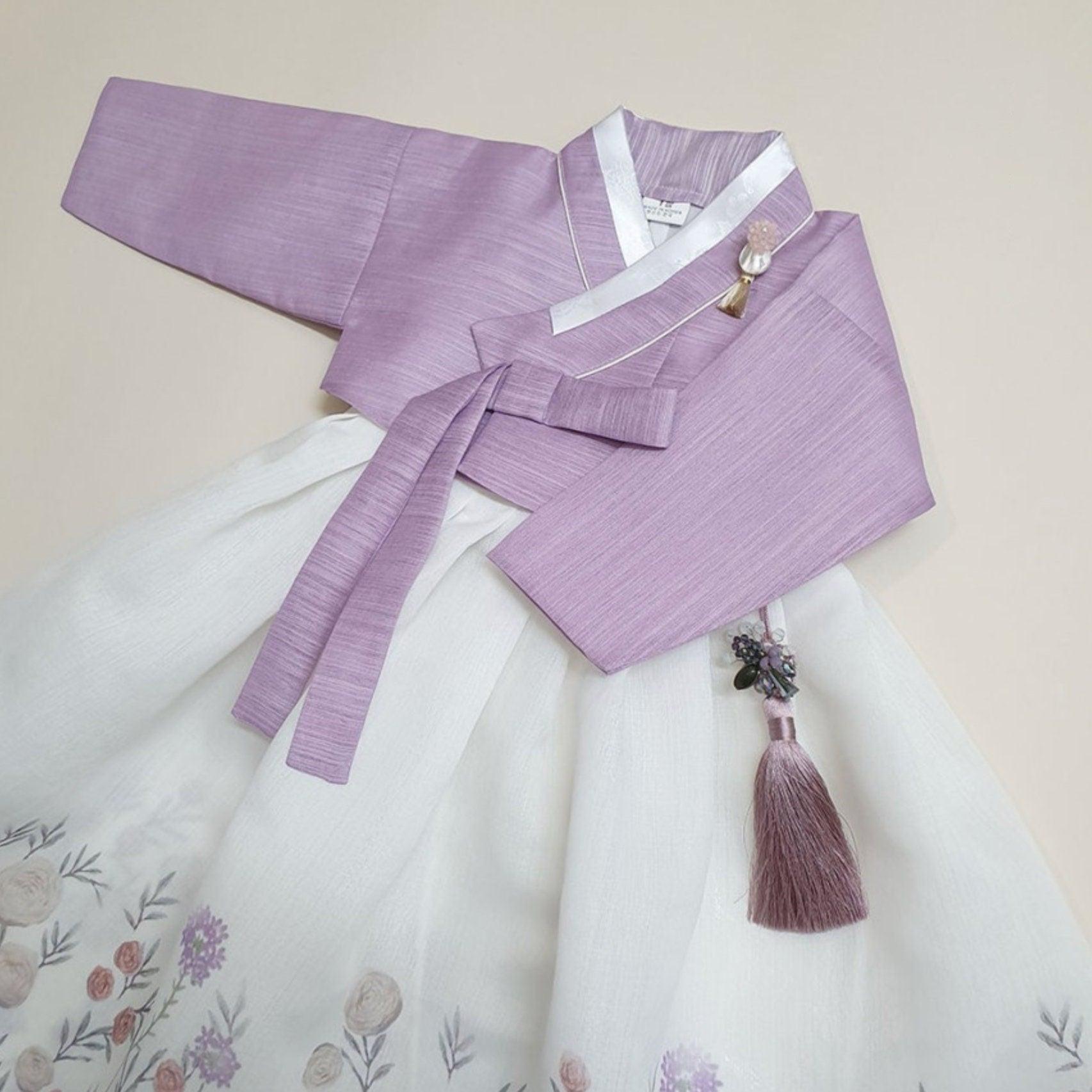 Rahee Purple Jeogori-White Skirt Girl Hanbok (100D-8YR) - Native Korean