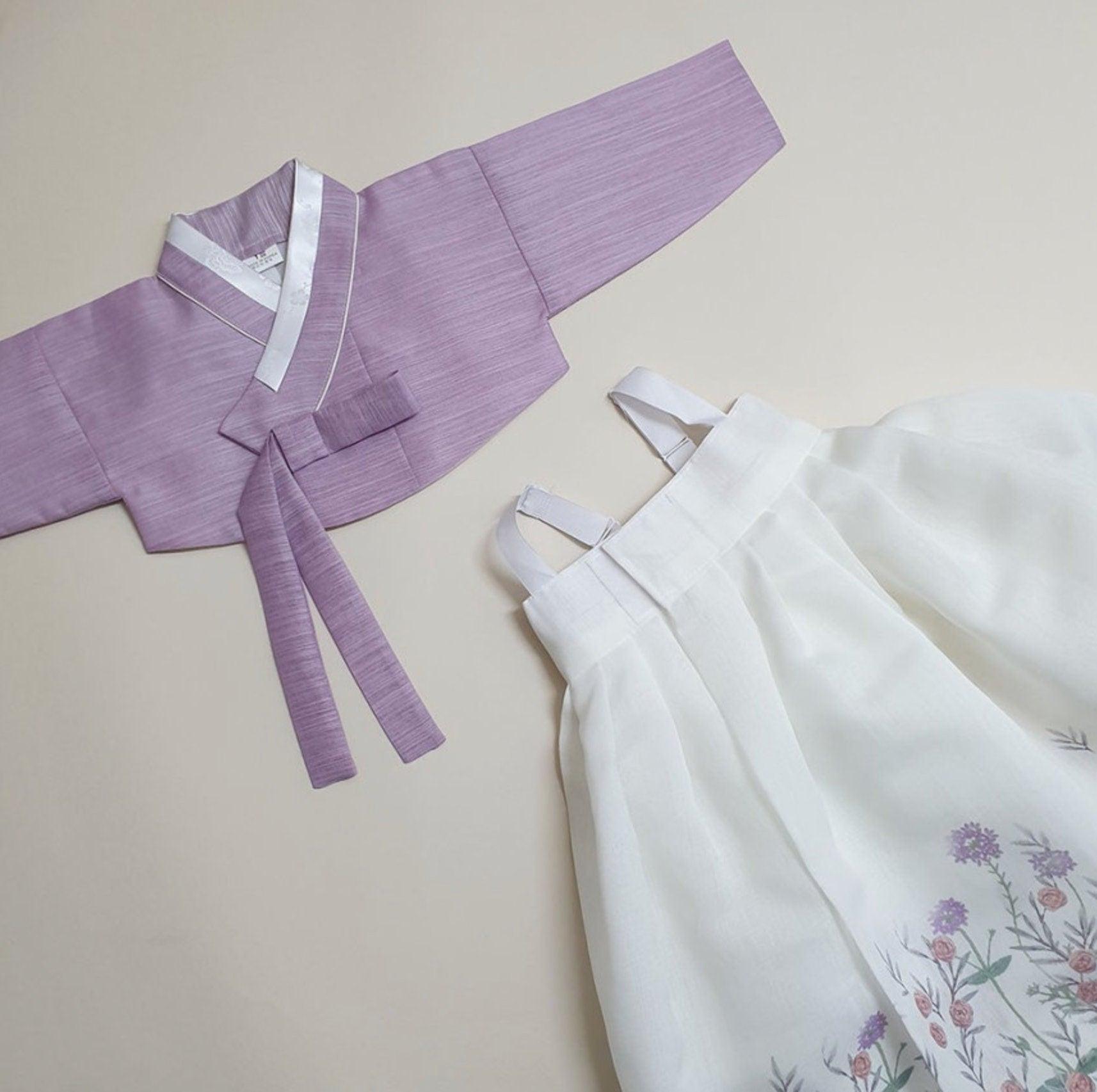 Rahee Purple Jeogori-White Skirt Girl Hanbok (100D-8YR) - Native Korean