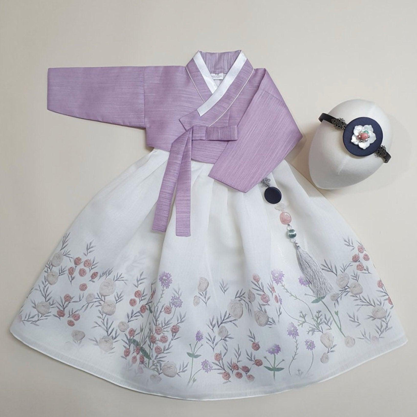 Rahee Purple Jeogori-White Skirt Girl Hanbok (100D-8YR) - Native Korean