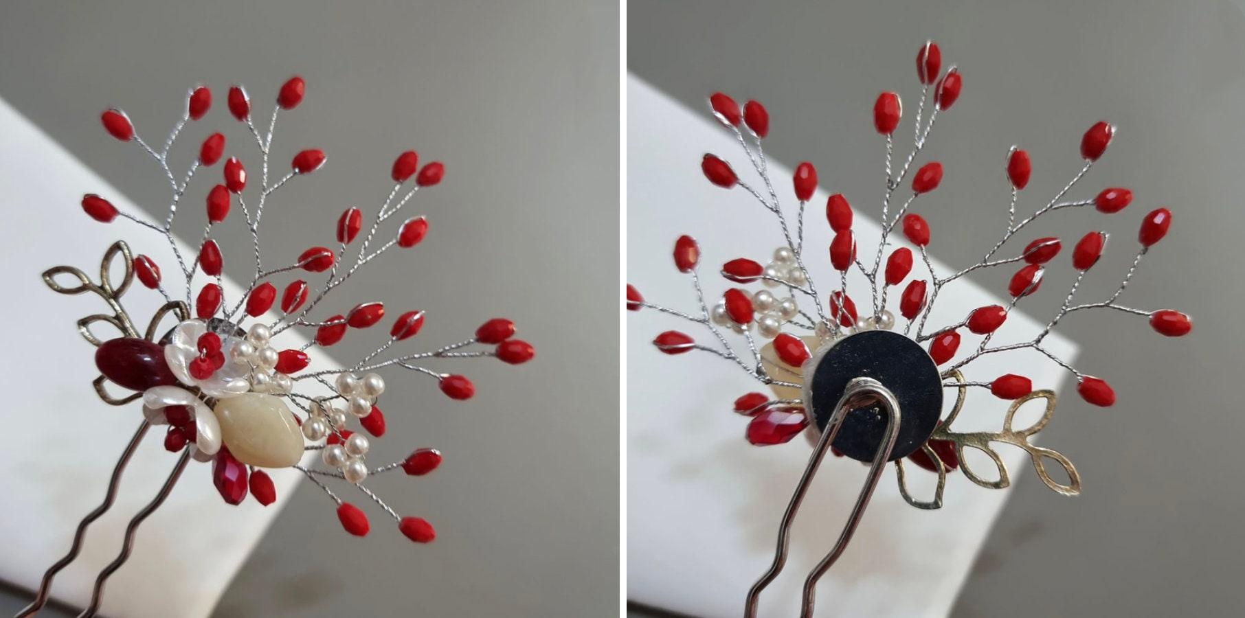 Red Pearl Flower U Shape Hairpin - Native Korean