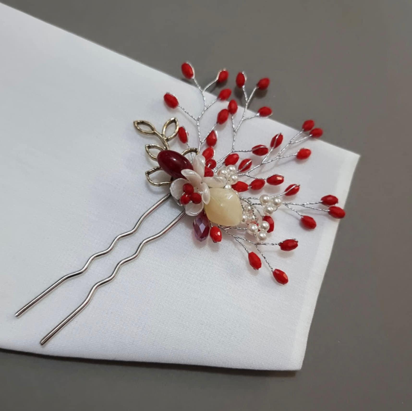 Red Pearl Flower U Shape Hairpin - Native Korean