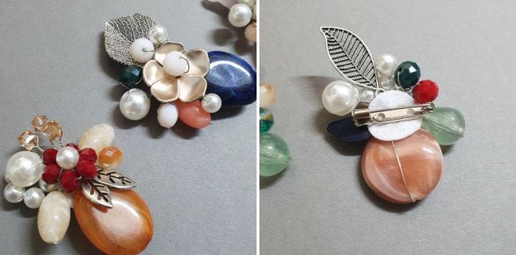 Stone Flower Button Brooch - Native Korean