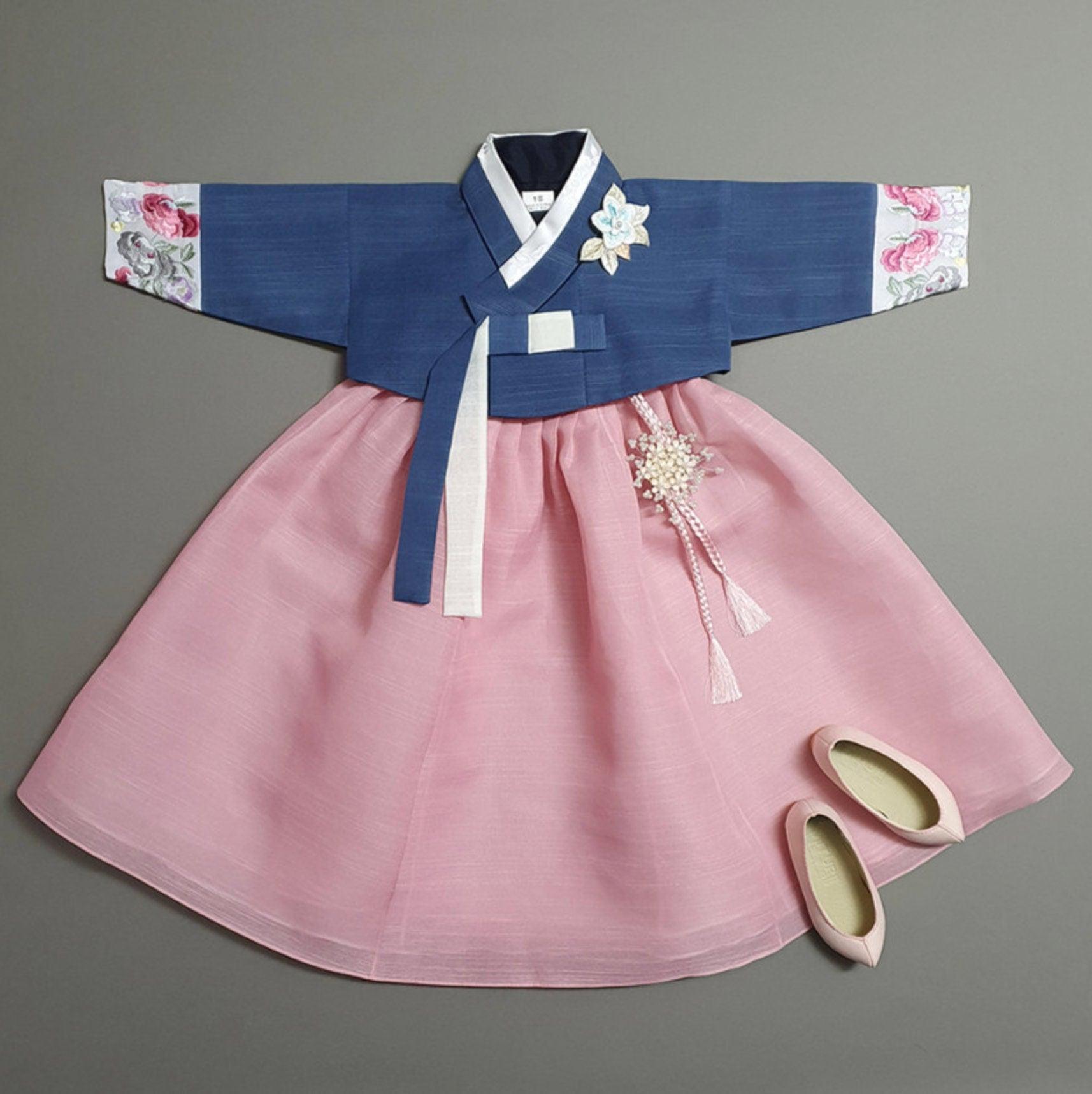 Yedong Embroidery Jeogori Blue L.Pink Girl Hanbok (100D-15YR) - Native Korean