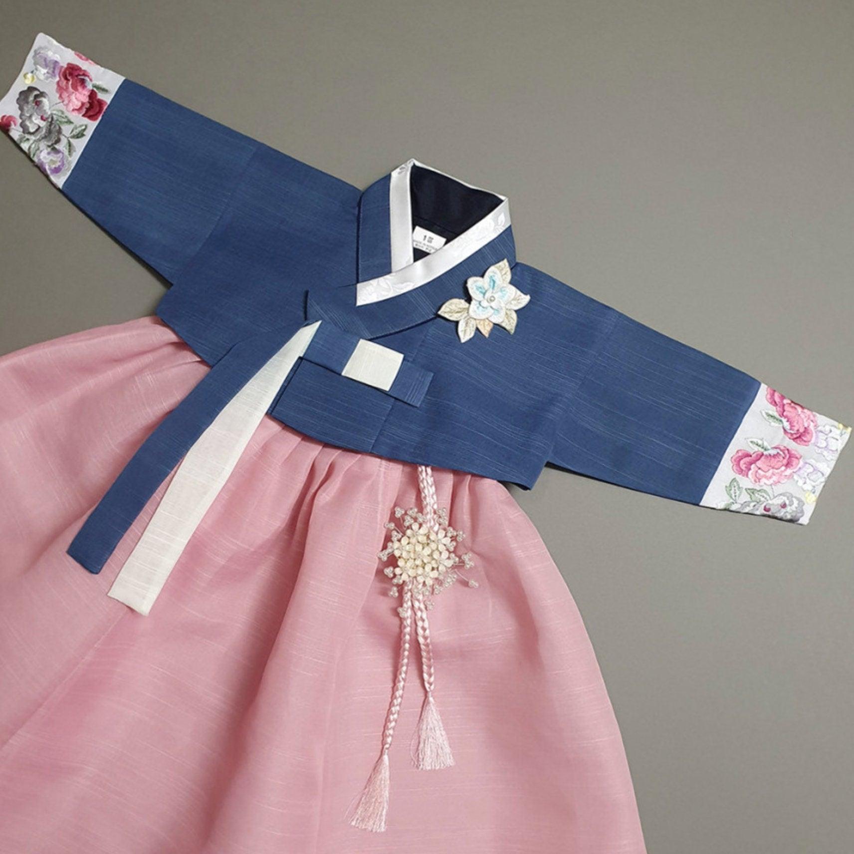 Yedong Embroidery Jeogori Blue L.Pink Girl Hanbok (100D-15YR) - Native Korean