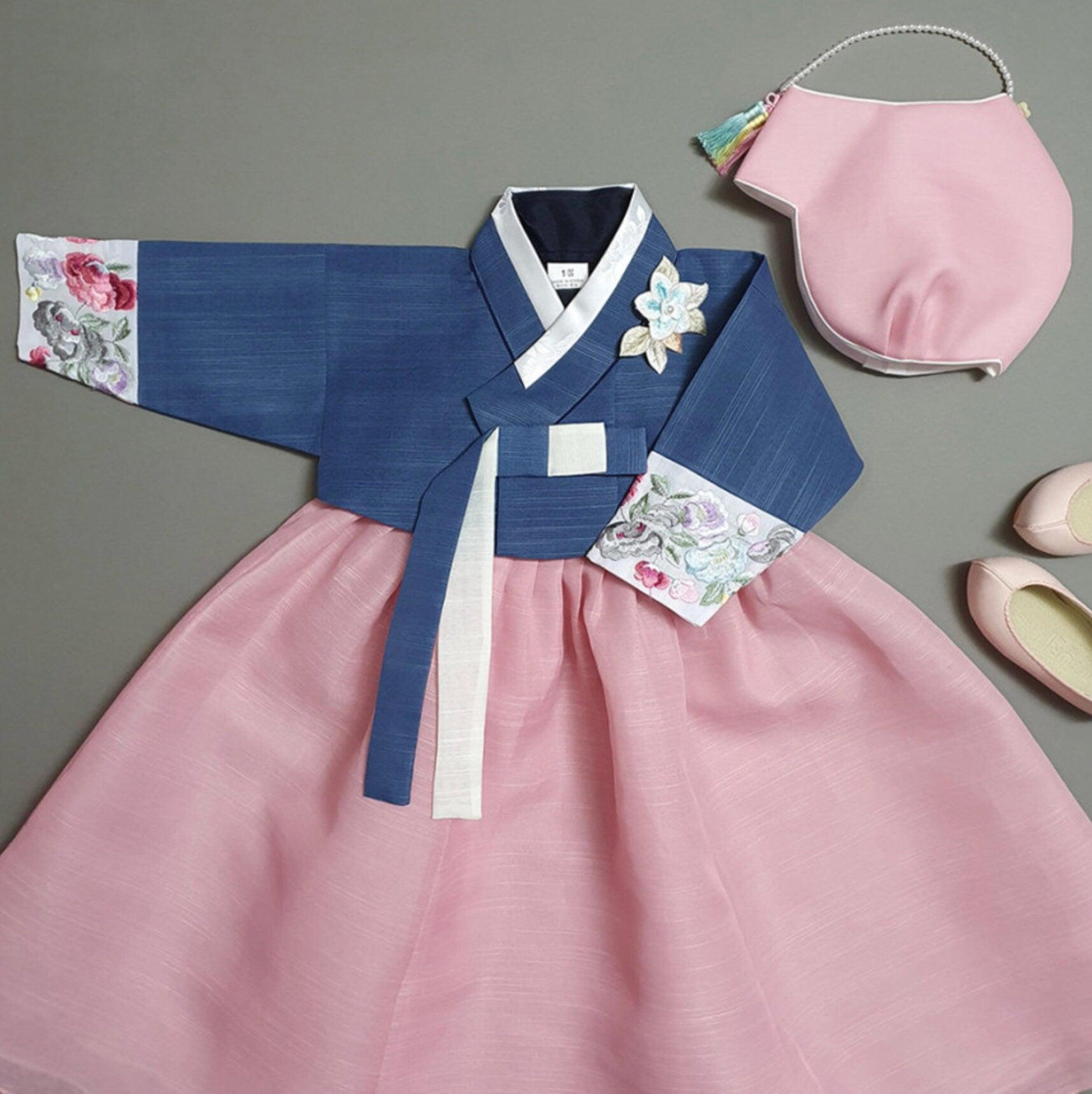 Yedong Embroidery Jeogori Blue L.Pink Girl Hanbok (100D-15YR) - Native Korean