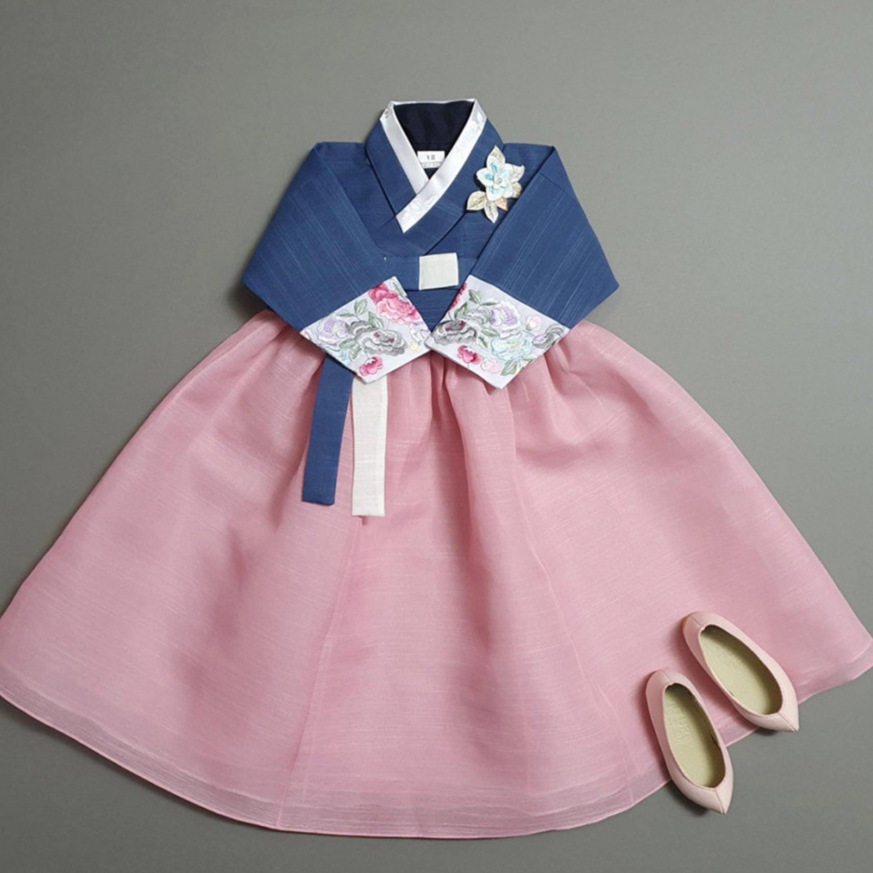 Yedong Embroidery Jeogori Blue L.Pink Girl Hanbok (100D-15YR) - Native Korean