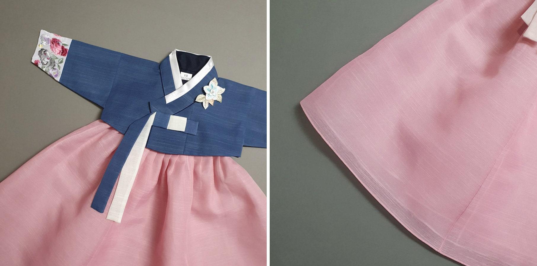 Yedong Embroidery Jeogori Blue L.Pink Girl Hanbok (100D-15YR) - Native Korean