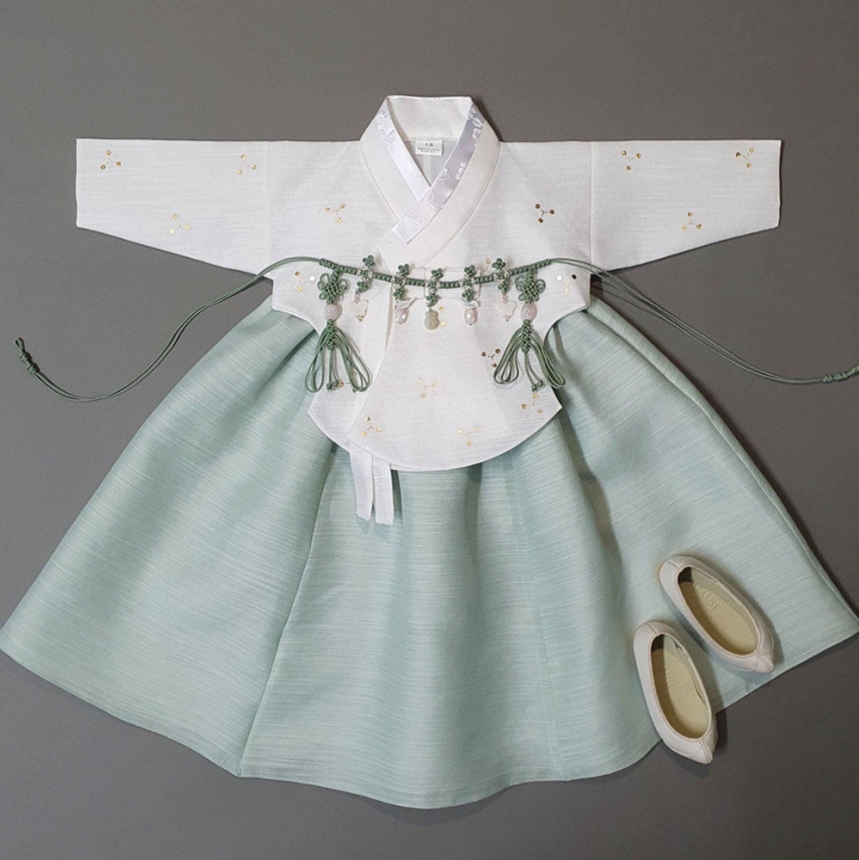 Yejin Gold foil Ivory Dangui Mint Skirt Girl Hanbok (100D-15YR) - Native Korean